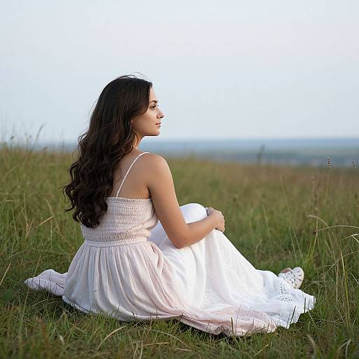 Photograph of a young woman with long, wavy dark hair, wearing a white, sleeveless, lace-trimmed dress, sitting on grass