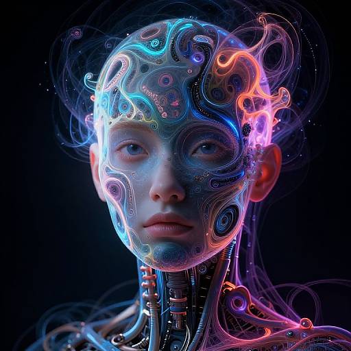 Digital CGI of a futuristic, neon-lit humanoid face with intricate, colorful circuit patterns, glowing eyes, and exposed mechanical neck, against a dark background