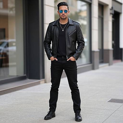 Photograph of a muscular man with short dark hair, wearing blue reflective sunglasses, black leather jacket, black shirt, jeans, and boots, standing confidently