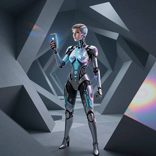 CGI image of a futuristic, metallic female android with glowing blue accents, holding a device, standing in a geometric, dark blue and gray background.