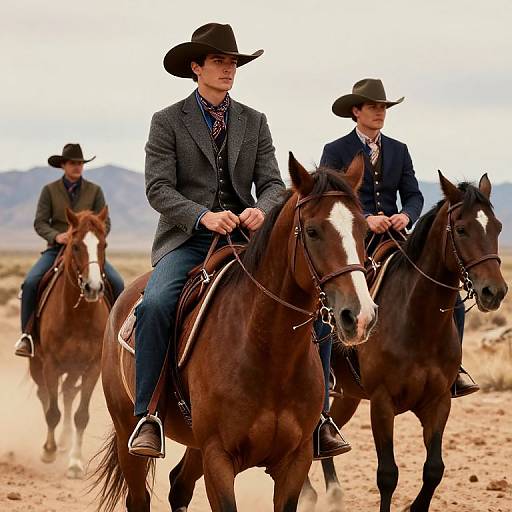 Photograph of three Caucasian men in cowboy hats, dark blazers, and jeans riding brown horses through a dusty, desert landscape.