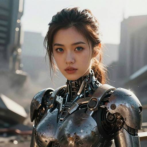 Photorealistic CGI of an Asian woman with fair skin, brown hair, and blue eyes, wearing a shiny, metallic cybernetic armor in a