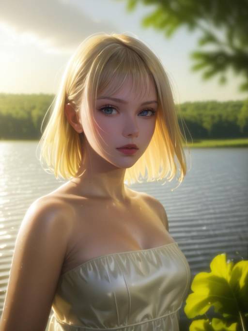 Blonde Woman by the Lake in Sunlight