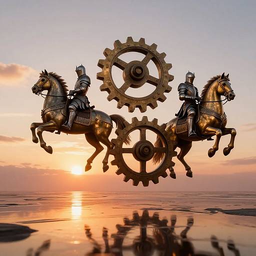 Digital artwork of two armored knights riding golden horses, pulling large gears, against a sunset over a reflective ocean.