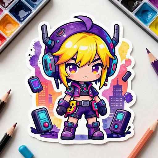 Vibrant Cyberpunk Chibi Sticker Art
