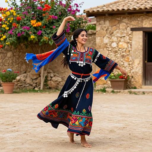 Photograph of a smiling woman dancing in a colorful embroidered traditional dress, barefoot on a sandy courtyard, with vibrant flowers and a stone house in the