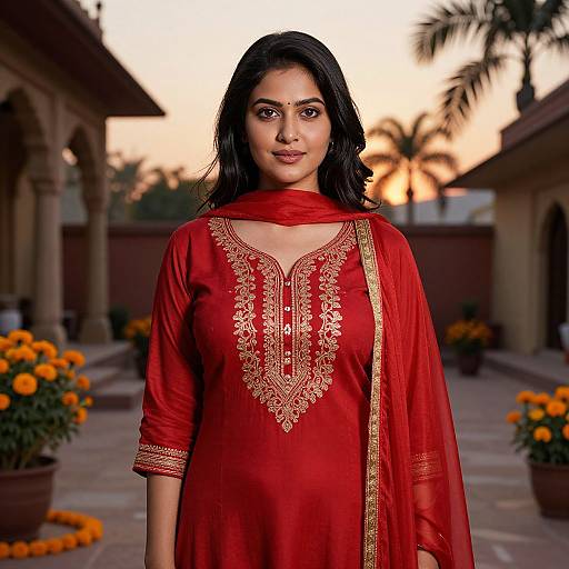 Photograph of an Indian woman with medium brown skin, black wavy hair, wearing a red traditional kurti with gold embroidery, standing in a