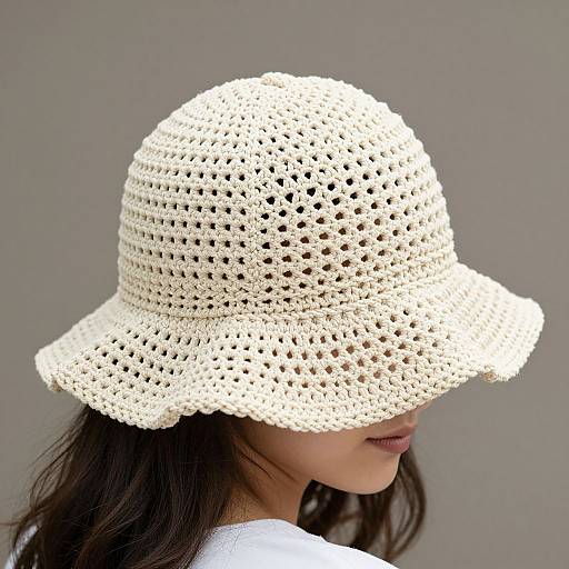 Photograph of a woman with long dark hair wearing a cream-colored, crocheted sun hat against a plain gray background.