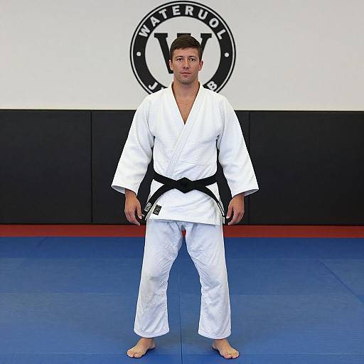 Photograph of a muscular, fair-skinned male judo practitioner in a white gi with a black belt, standing on blue mats, in front of