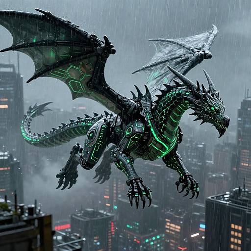 Digital art of a glowing, black, cybernetic dragon soaring through a rainy, neon-lit cityscape with skyscrapers below.