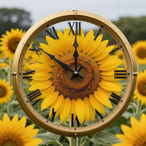 Photograph of a sunflower clock with black Roman numerals, yellow petals, and brown center, surrounded by a field of sunflowers.