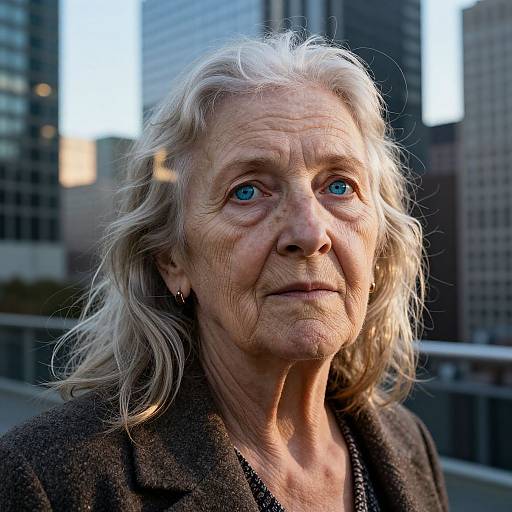 Photograph of an elderly woman with white hair, blue eyes, and wrinkled skin, wearing a dark coat, standing in an urban setting with blurred