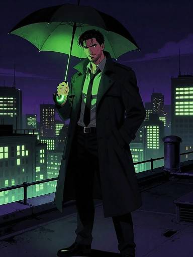 Cyber-Noir Detective with Neon Umbrella on Rooftop