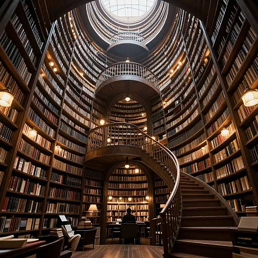 Photograph of a grand, dimly-lit library with a spiral staircase, tall bookshelves, warm lighting, and a circular skylight