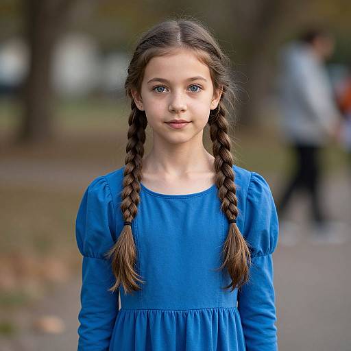 Photograph of a young girl with fair skin and brown braided hair, wearing a blue dress, standing in a blurred park.