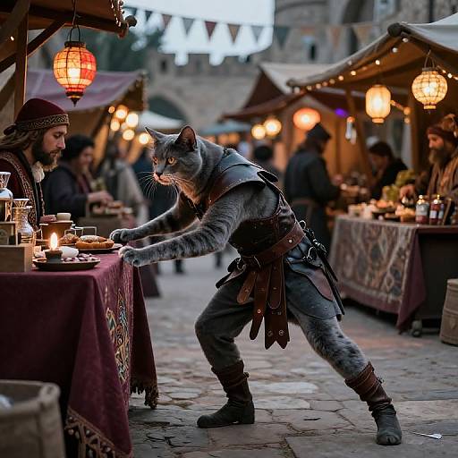 Photograph of a gray tabby cat in medieval armor, reaching for food on a table at a bustling, lantern-lit outdoor market.