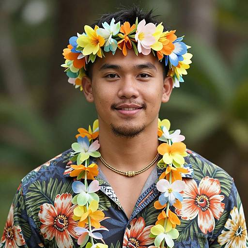 Photograph of a smiling Asian man with black hair, wearing a colorful flower headband and lei, and a floral shirt, set against a blurred green