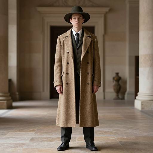 Photograph of a serious man in a long, tan overcoat, black tie, and hat, standing in a grand, sunlit hallway.
