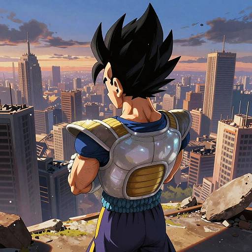 Vegeta Overlooking Ruined Cityscape