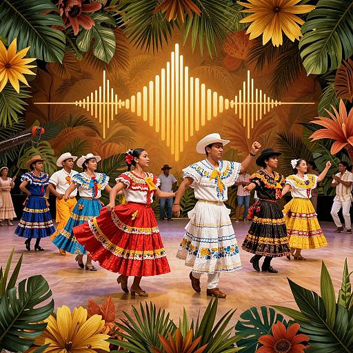 Vibrant photograph of a traditional Latin dance performance with dancers in colorful, patterned costumes, surrounded by tropical flowers and a neon light backdrop, creating
