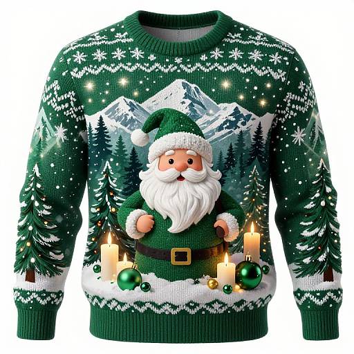 Christmas sweater with Santa Claus, snow-covered mountains, pine trees, snowflakes, lit candles, green and white colors, detailed digital art.