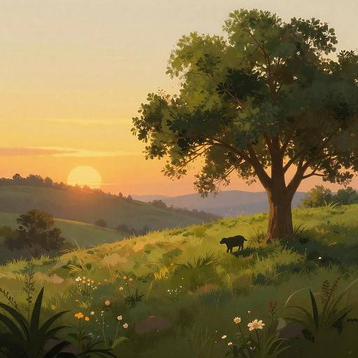 Sunset Hillside with Leafy Tree Silhouette