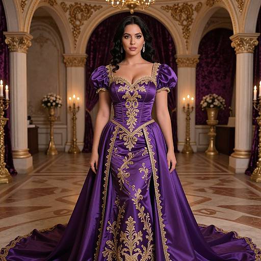 Photorealistic image of a stunning Latina woman in a regal, deep purple, gold-embroidered gown, standing in an opulent,