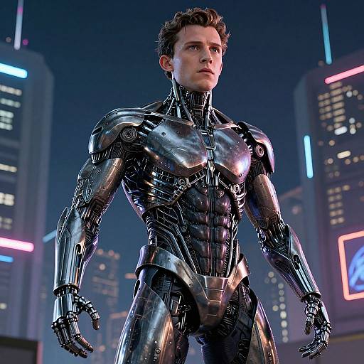 CGI image of a muscular, handsome man in a sleek, black, metallic superhero suit with glowing accents, standing confidently in a neon-lit city