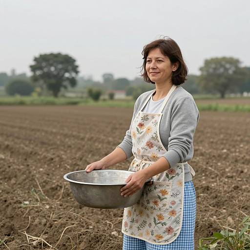 Woman in Floral Apron Holding Basin in Field