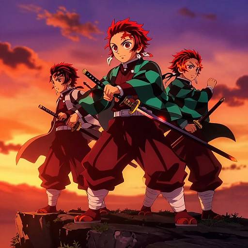 Three anime-style samurai boys with red hair, green jackets, and black pants stand back-to-back on a cliff at sunset, holding swords.