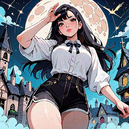 Anime Girl with Moonlit Castle Background
