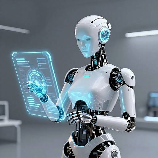 Photorealistic CGI of a glowing blue humanoid robot with white and black mechanical limbs, holding a holographic screen displaying a circular interface in a futuristic,