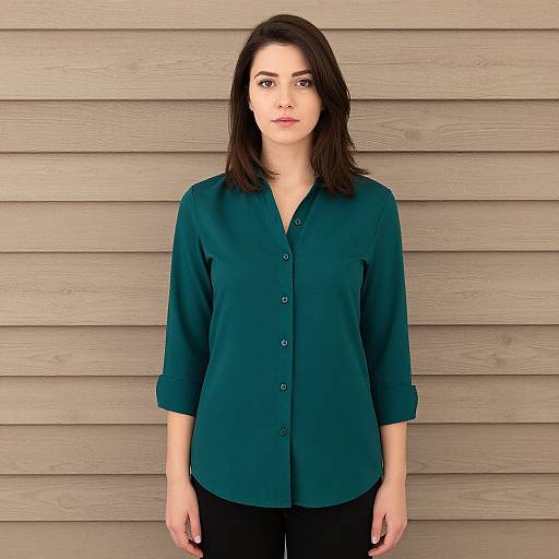 Photograph of a fair-skinned woman with straight, shoulder-length brown hair, wearing a teal button-up blouse and black pants, standing against a wooden