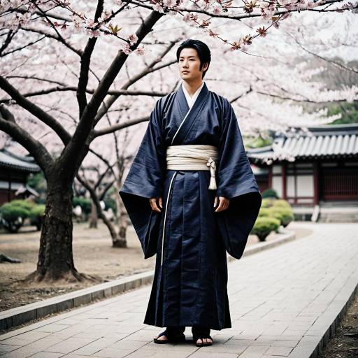 Japanese Man in Kimono Under Cherry Blossoms