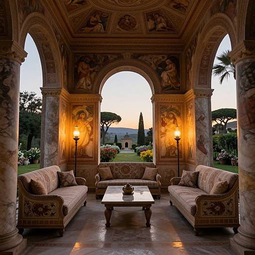 Photograph of a luxurious, classical-style pergola with ornate ceiling frescoes, two patterned sofas, marble columns, and sunset garden view.