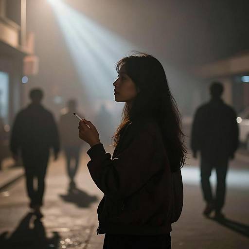 Silhouetted Woman Smoking on Misty Night Street