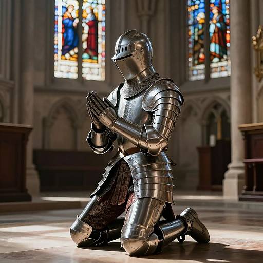 Photorealistic CGI of a knight in full, shiny silver armor kneeling in prayer, hands clasped, in a sunlit, ornate cathedral with