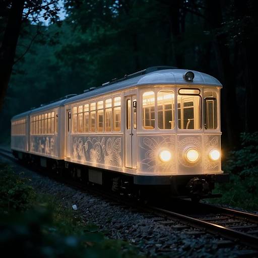 Photograph of a glowing, illuminated vintage train traveling through a dark, forested night, with its bright lights highlighting intricate patterns on the train's exterior