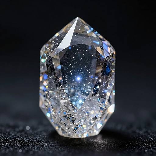 Photograph of a faceted, clear diamond with internal reflections and blue highlights, set against a dark, textured background.