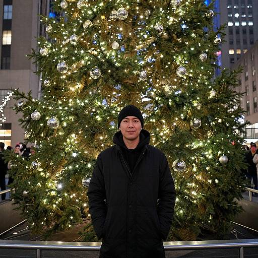 Man by Christmas Tree at Night