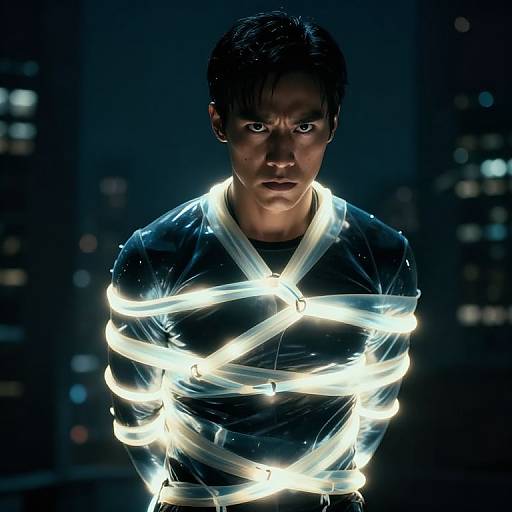 Photograph of an intense Asian man with short black hair, bound by glowing white light ribbons in a dark, cityscape background at night.