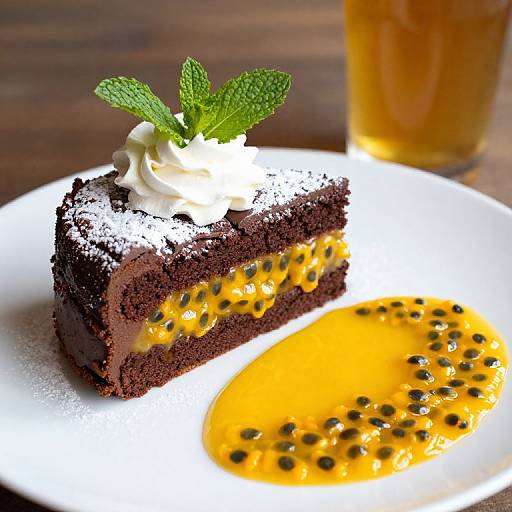 Photograph of a chocolate layer cake slice topped with whipped cream, mint, and caramel filling, served with a side of caramel sauce and blackberry pearls