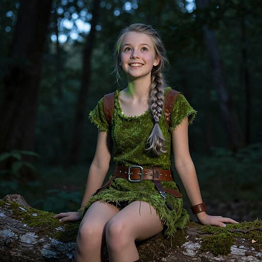 Photograph of a smiling young woman with a long braid, wearing a green moss dress and brown leather belt, sitting on a moss-covered log in
