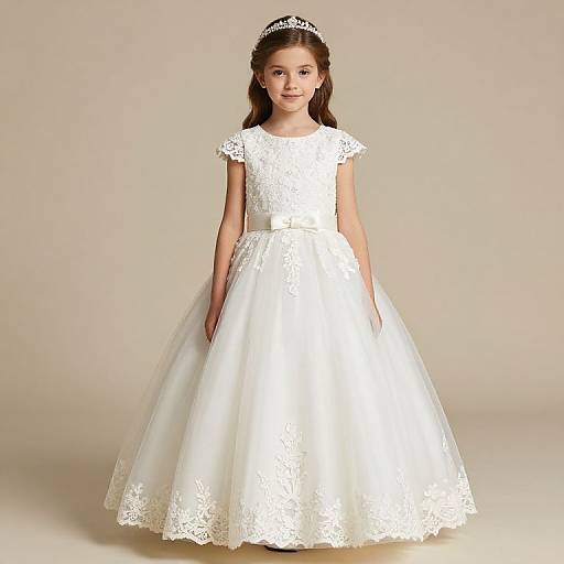 Young girl in a white lace and tulle wedding dress with short sleeves, wearing a silver tiara, stands against a plain beige background. Photograph.