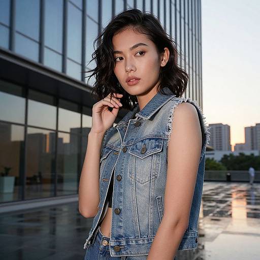 Model by Glass Building at Sunset