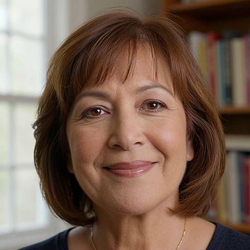 Close-up photograph of a smiling middle-aged woman with short brown hair, light skin, and brown eyes, wearing a black top, in a well-l