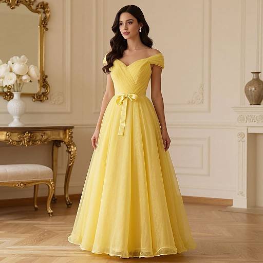 Photograph of a woman with long black hair in an off-shoulder, yellow, floor-length gown, standing in an elegant, cream-colored room