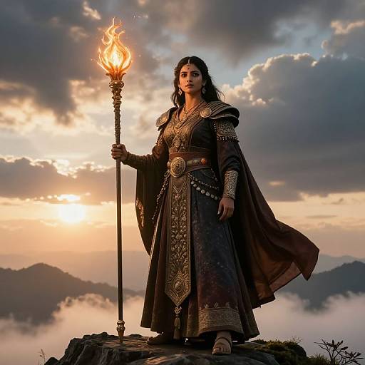 Digital artwork of a strong, dark-haired woman in ornate medieval armor holding a flaming staff, standing on a rocky peak at sunset with mountains and clouds