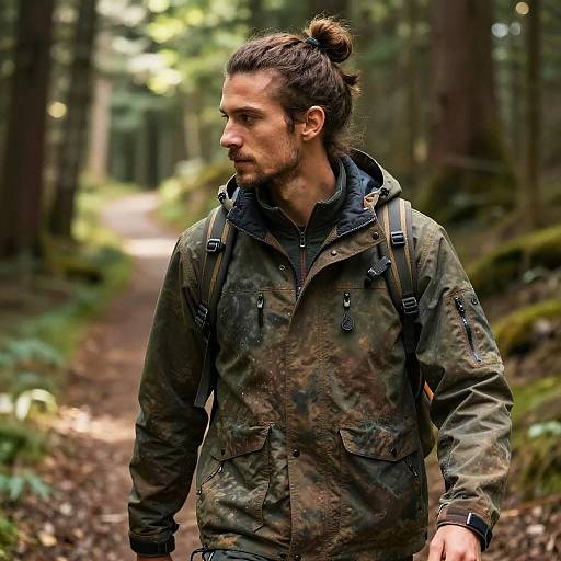 Photograph of a bearded man with a topknot, wearing a camo jacket and backpack, walking on a forest path.