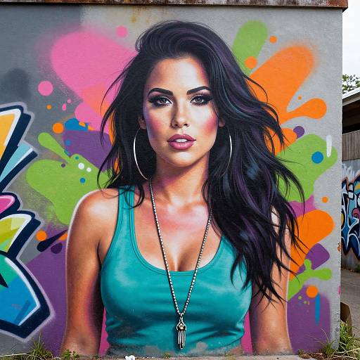 Photograph of a beautiful woman with long black hair, hoop earrings, turquoise tank top, necklace, standing against colorful graffiti wall.